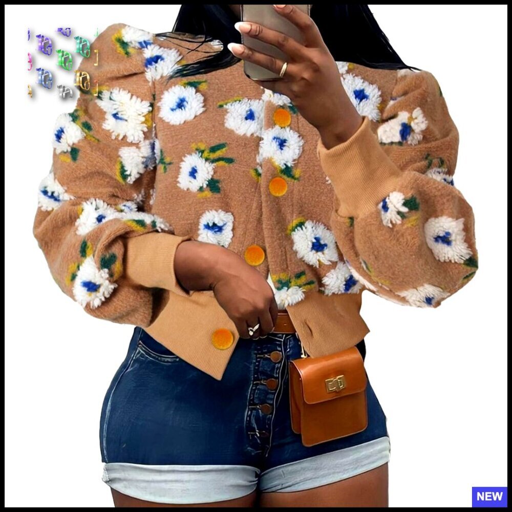 Cropped Floral Fleece Bomber Jacket Puff Sleeve Button Down Vintage Chic
